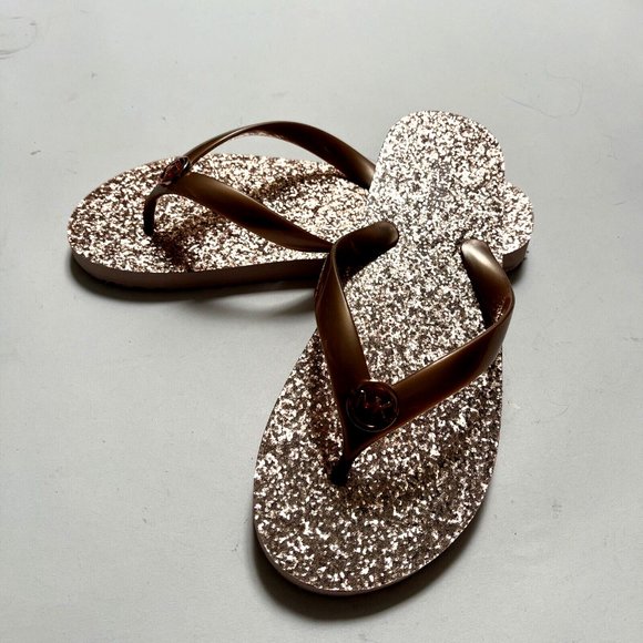 NWB MICHAEL KORS Glitter Flip-Flop Sandals Slide On Thong Rose Gold - Picture 3 of 7